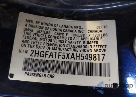 2010 Honda Civic Lx из США, поврежденный, VIN 2HGFA1F5XAH549817